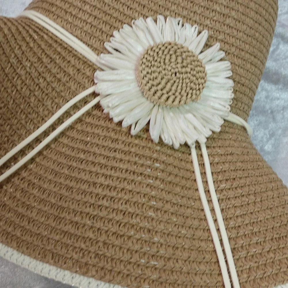 Floppy Hat With Flower Neutral 2-tone Boho Casual Country Vacation Minimalist - Picture 16 of 17